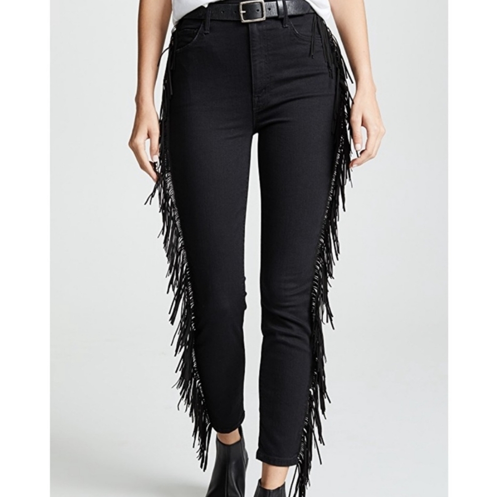 Mother The Swooner sz 30 black skinny ankle jean stretch side fringe high Waist